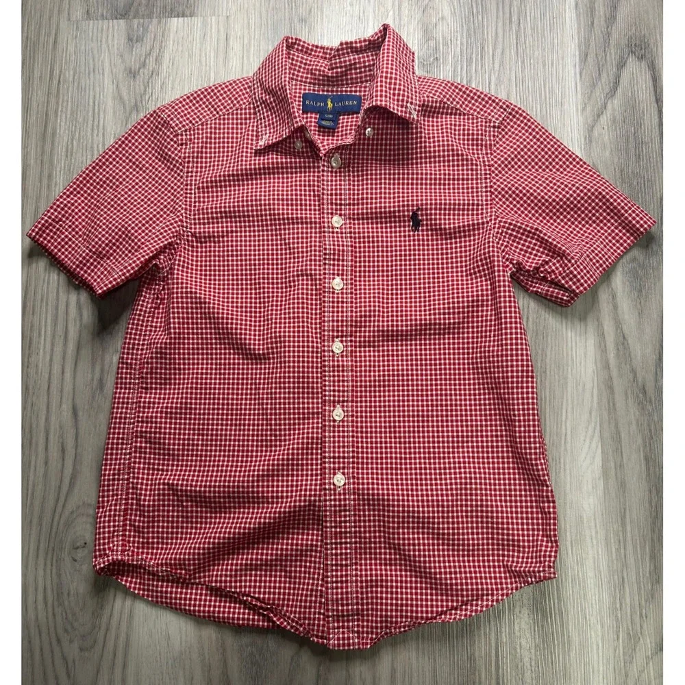 Kids Ralph Lauren‎ Gingham Button Down Shirt Red White Size 8 Short Sleeve